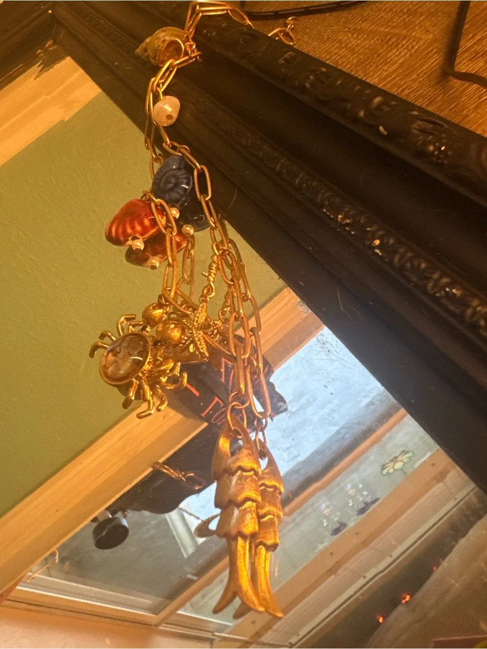 Anthropologie Gold-Tone Charm Necklace with Blue, Red and Pearl Accents